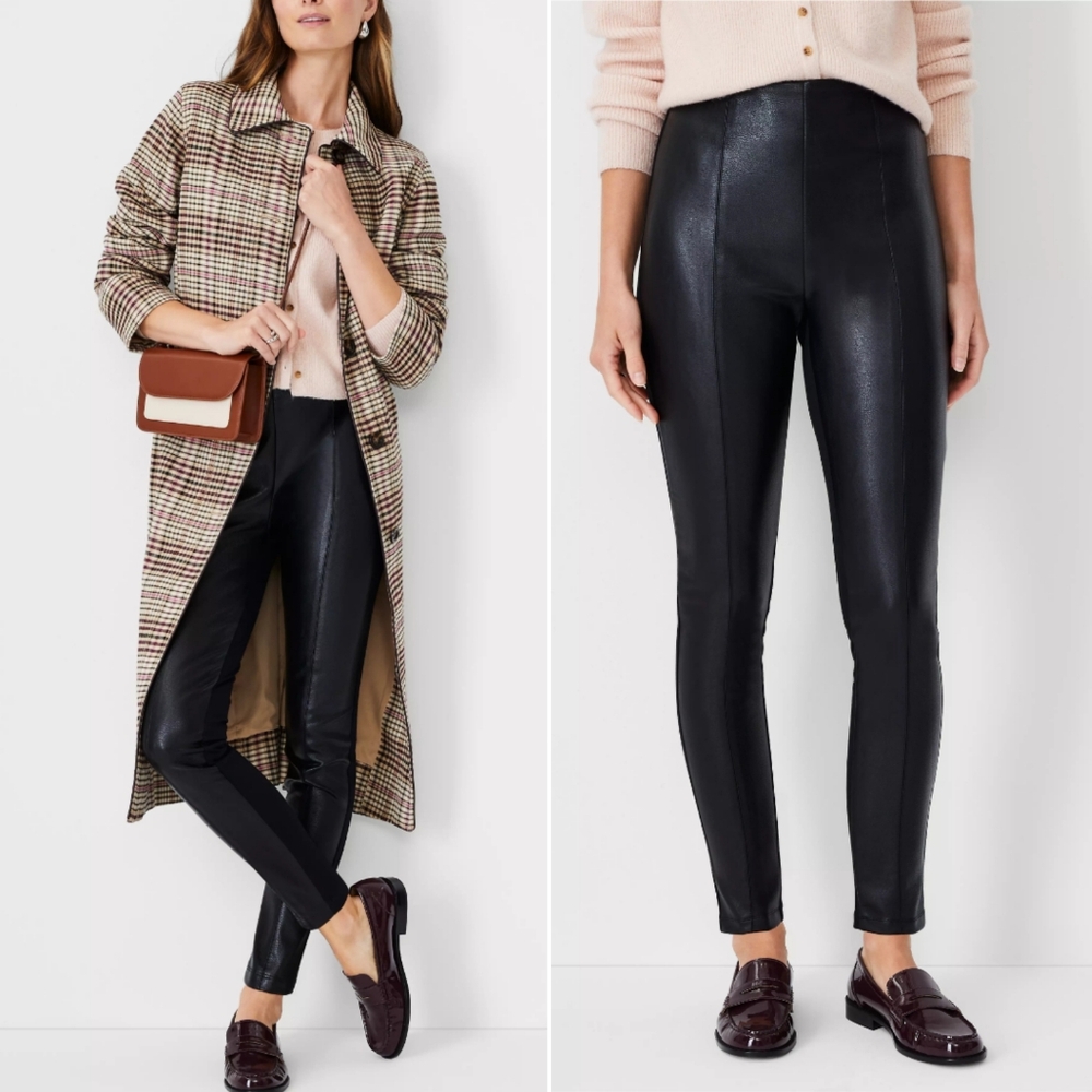 Ann Taylor NWOT The Seamed Side Zip Legging Pant Pebbled Vegan Leather Ponte 4